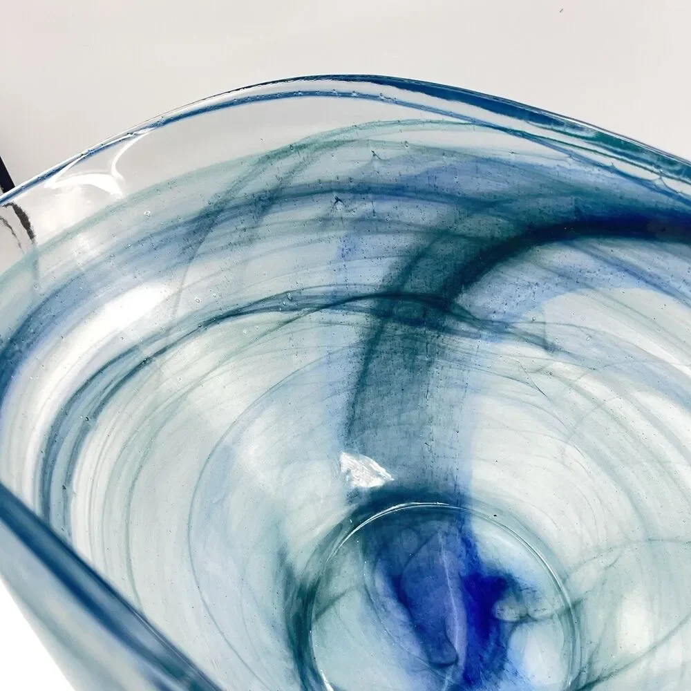 14"x7" Oval Blue Folded Satin Glass Bowl Lines Swirls - Picture 4 of 16